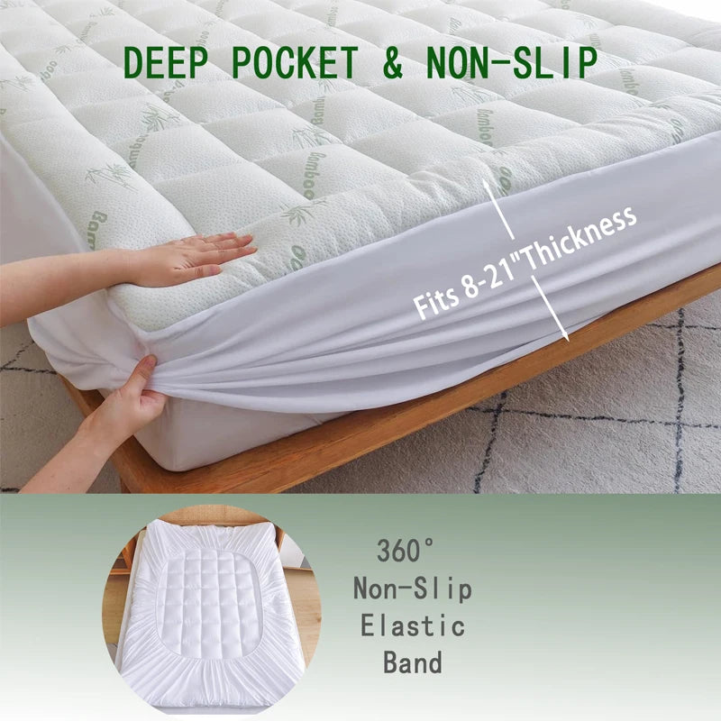 Queen Size Bamboo Viscose Mattress Topper, Thick Pillow Top Pad with Stretchable Pockets for 6-18 Inches