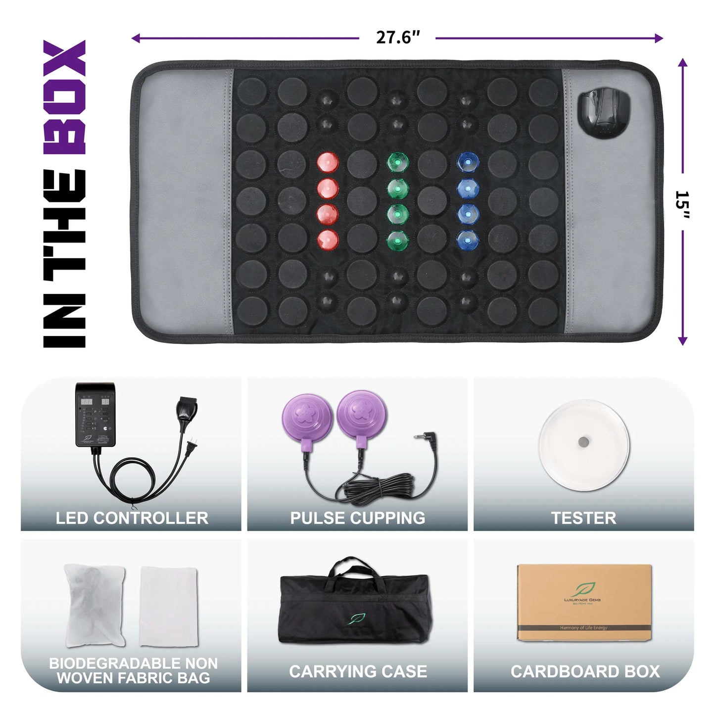 Luxuryade A2604 Pemf Infrared Heating Bio Mat Natural Jade Three Color Light Photon Red Therapy Massage Cushion