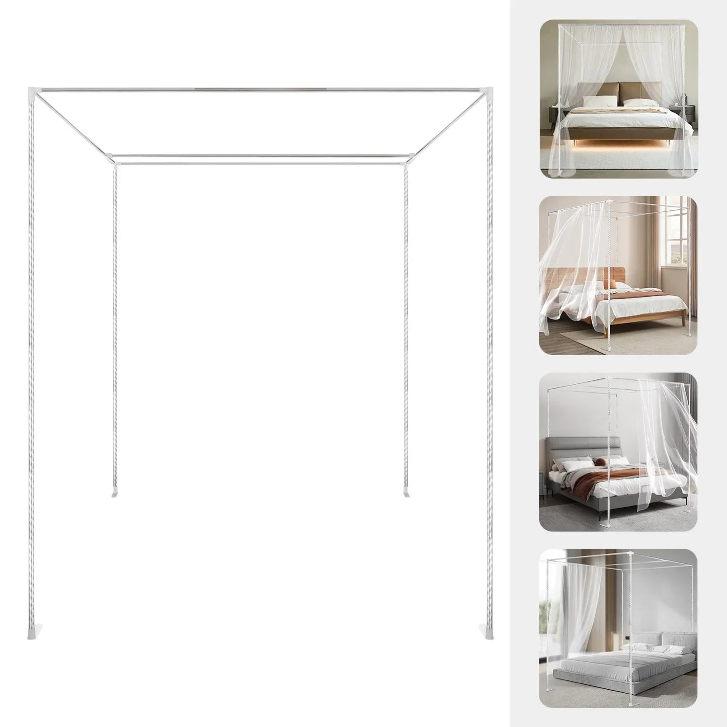 Four-Corner Bed Canopy Frame Posts, Metal Four-Corner Mosquito Net Stand for Single/Double/California King/King Beds