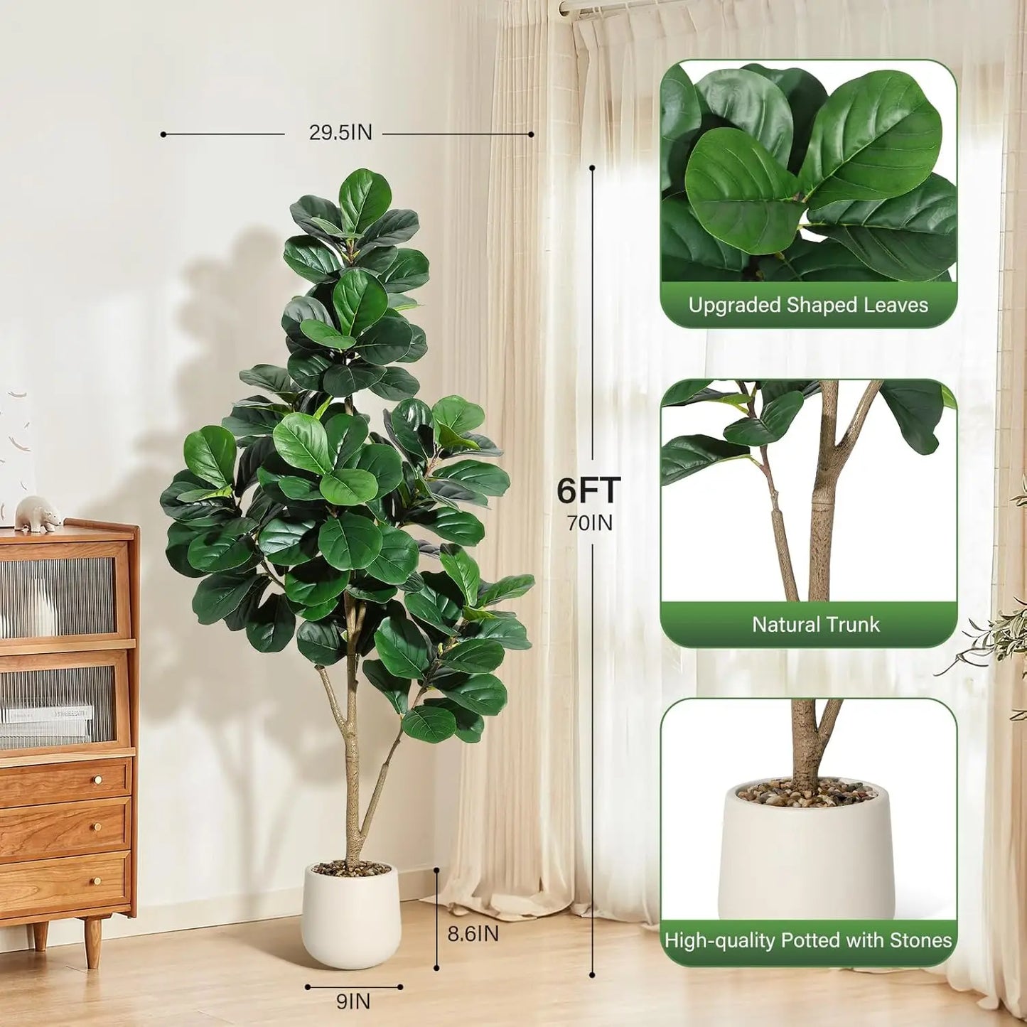 4-7 FT Fiddle Leaf Fig Tree Artificial Realistic Faux Ficus Lyrata Trees in White Planter Pot, Fake Floor Plants for Home Garden