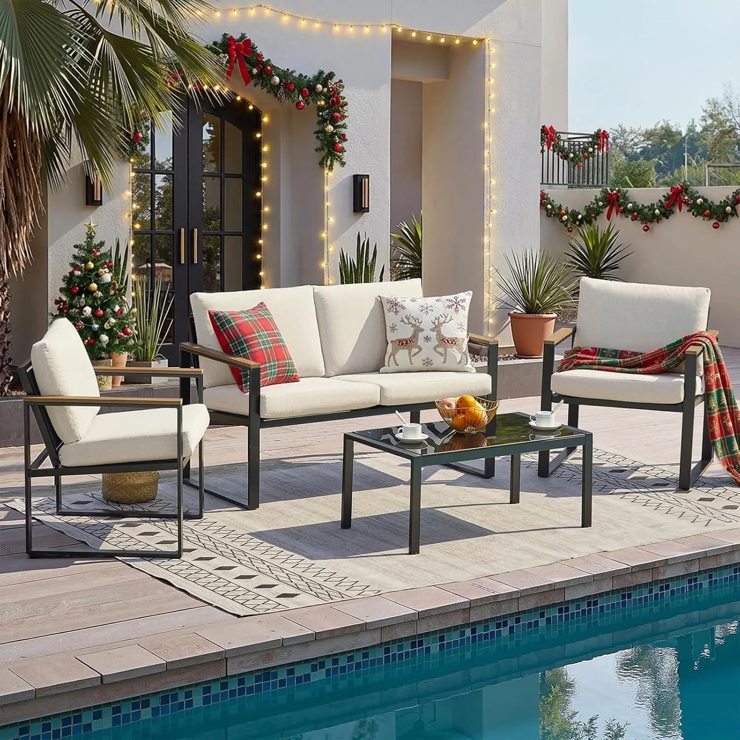 4 Pieces Metal Outdoor Patio Furniture Sets Wooden Customized Sectional Conversation Set for Garden Yard