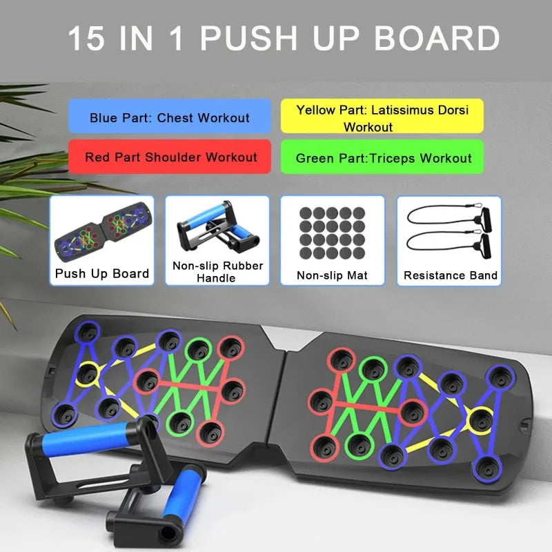 Foldable Push Up Board with Resistance Bands, Multifunctional Pushup Bars, Portable Home Gym Workout Equipment, Target Chest Back Shoulder Triceps Muscle Training System for Men Women