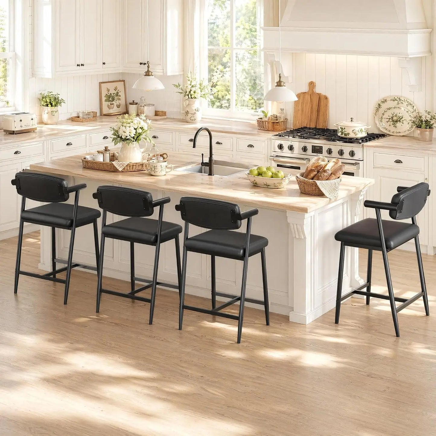 Set Of 4 Counter Height Bar Stools With Arms, Upholstered Back & Wide Seat, Metal Kitchen Island Bar Chairs With Footrest