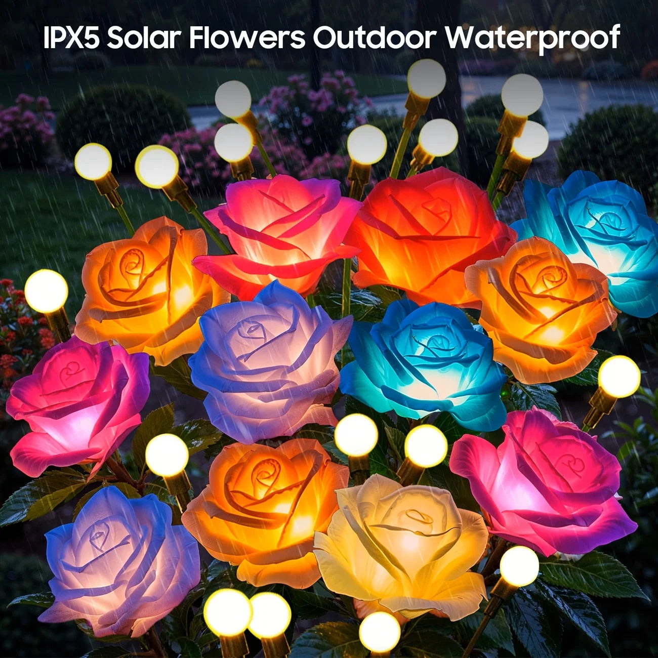 4pcs Outdoor Waterproof Solar Rose Lights with 4 Realistic Lighted Flower Heads Garden Decorative Lamp For Home Patio Decoration