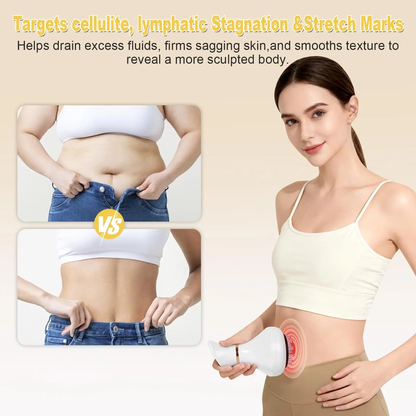 Lymphatic Drainage Massager Anti Cellulite Body Sculpting Machine for Stretch Marks Hot Compress Heating Vibration Pulse LED Light Therapy Belly Fat Burner Weight Loss Skin Tightening Slimming Device Electric Massager Pain Re