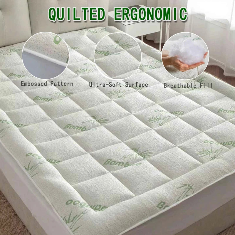 Queen Size Bamboo Viscose Mattress Topper, Thick Pillow Top Pad with Stretchable Pockets for 6-18 Inches
