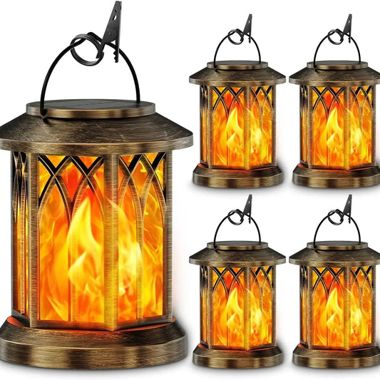 Waterproof Flickering Flame Solar Lantern Outdoor, Auto On/Off Hanging Bronze Lantern for Yard Garden Patio Table Decor