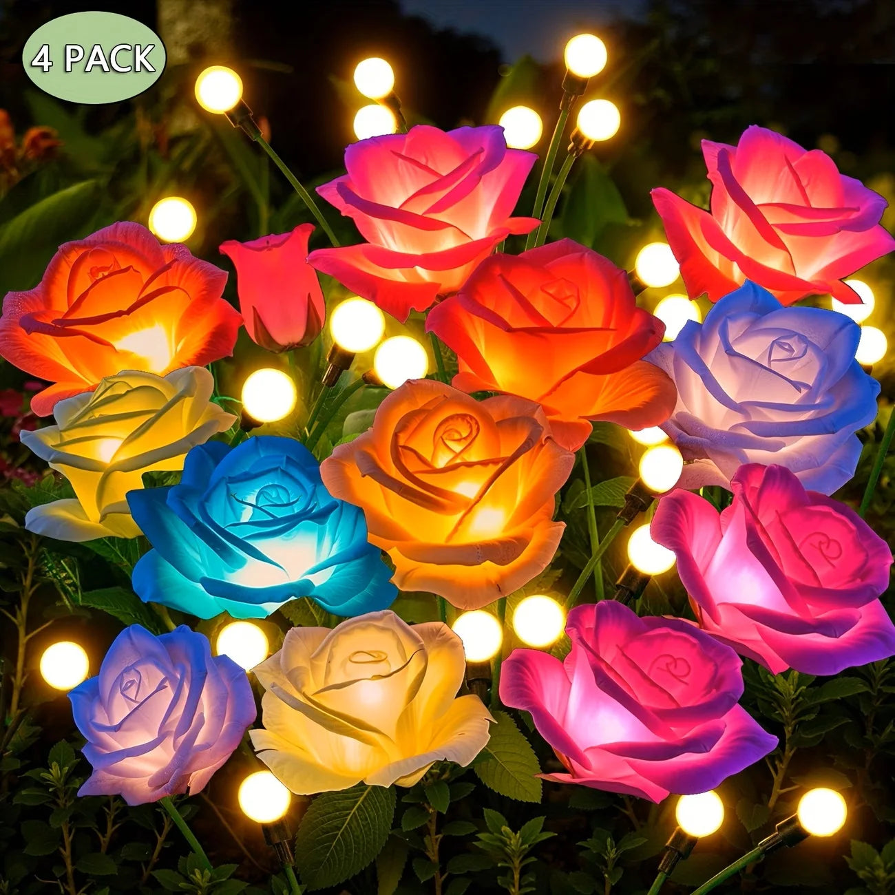 4pcs Outdoor Waterproof Solar Rose Lights with 4 Realistic Lighted Flower Heads Garden Decorative Lamp For Home Patio Decoration