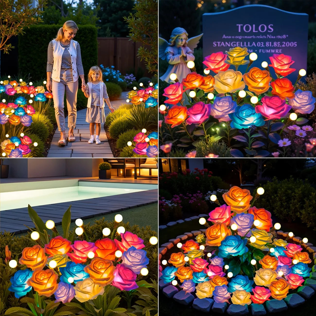 4pcs Outdoor Waterproof Solar Rose Lights with 4 Realistic Lighted Flower Heads Garden Decorative Lamp For Home Patio Decoration