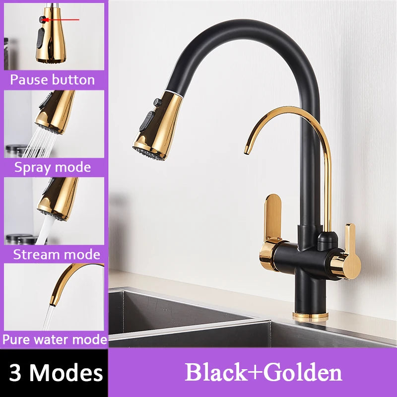 Shinesia Touch Sensor Filter Kitchen Faucet Gourmet Pull Out Pure Water Tap Dual Handle Black Kitchen Sink Mixer