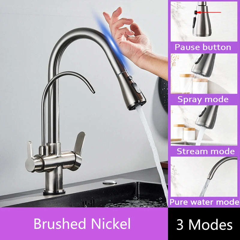 Shinesia Touch Sensor Filter Kitchen Faucet Gourmet Pull Out Pure Water Tap Dual Handle Black Kitchen Sink Mixer