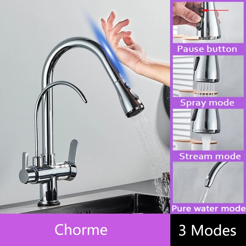 Shinesia Touch Sensor Filter Kitchen Faucet Gourmet Pull Out Pure Water Tap Dual Handle Black Kitchen Sink Mixer