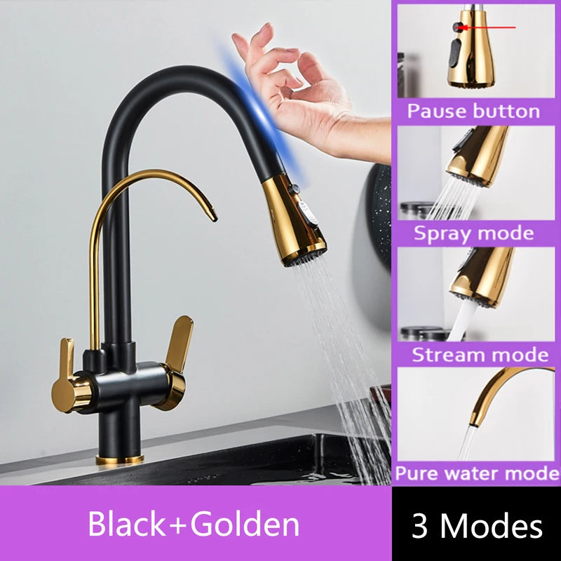 Shinesia Touch Sensor Filter Kitchen Faucet Gourmet Pull Out Pure Water Tap Dual Handle Black Kitchen Sink Mixer