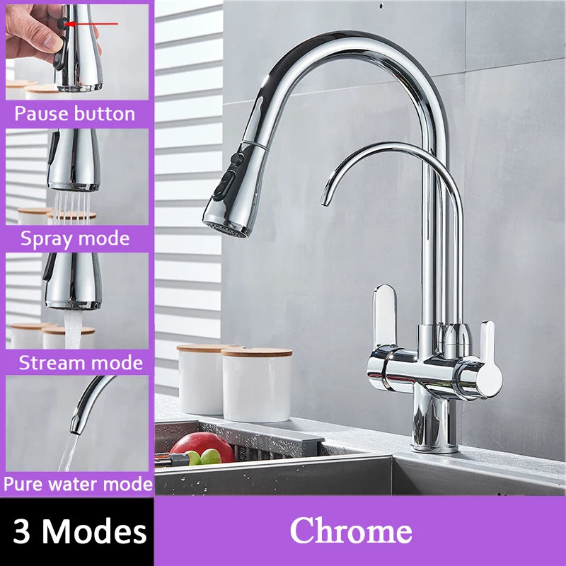 Shinesia Touch Sensor Filter Kitchen Faucet Gourmet Pull Out Pure Water Tap Dual Handle Black Kitchen Sink Mixer