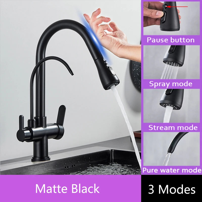 Shinesia Touch Sensor Filter Kitchen Faucet Gourmet Pull Out Pure Water Tap Dual Handle Black Kitchen Sink Mixer