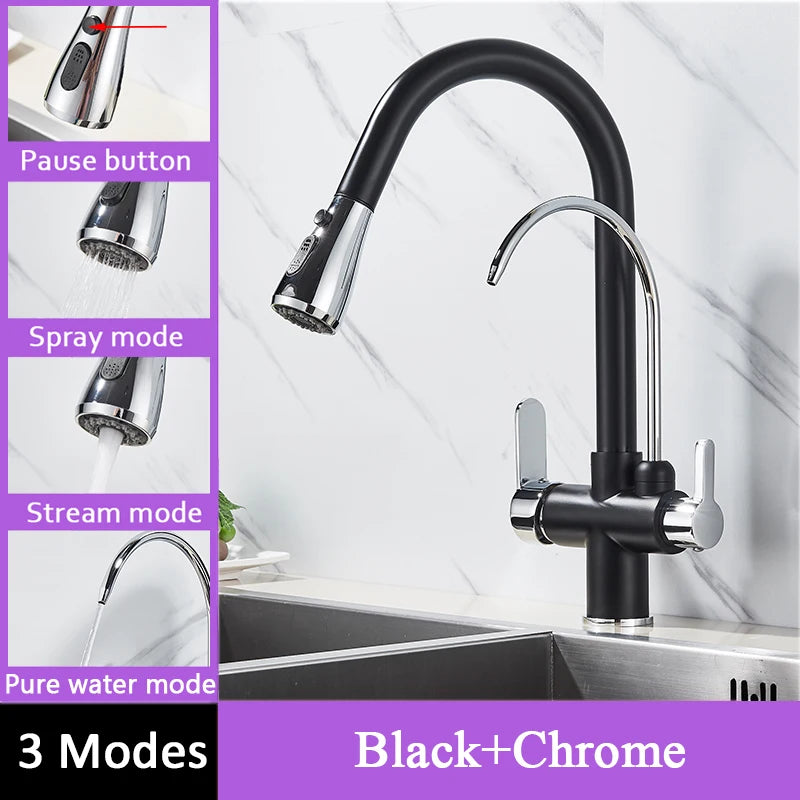 Shinesia Touch Sensor Filter Kitchen Faucet Gourmet Pull Out Pure Water Tap Dual Handle Black Kitchen Sink Mixer