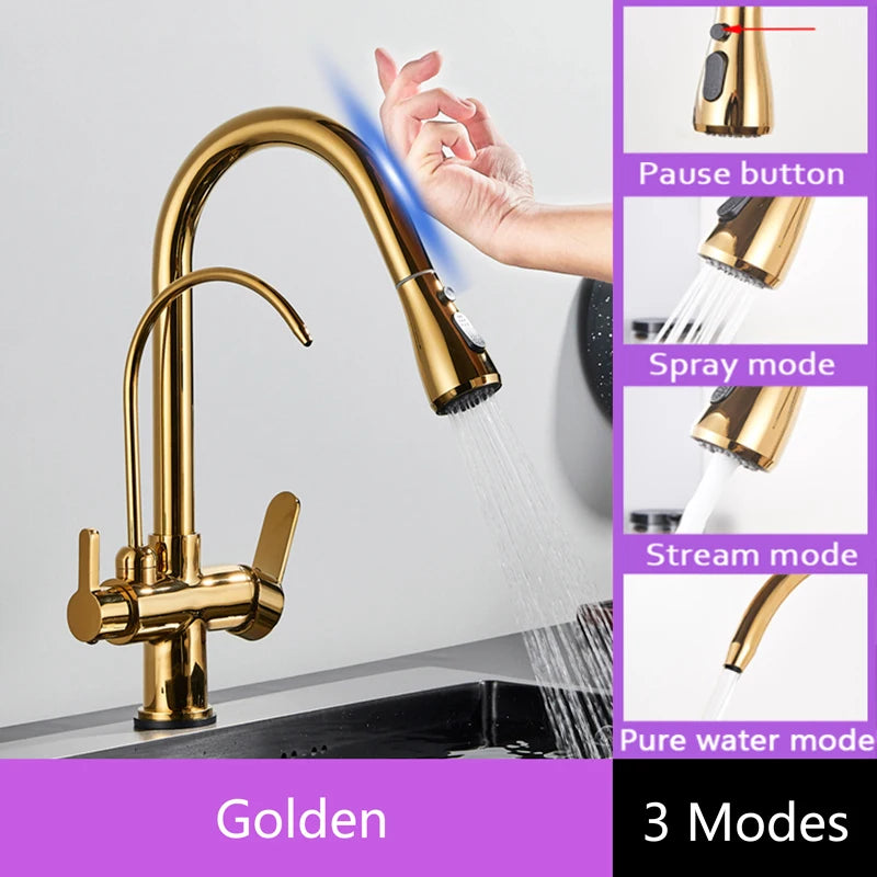 Shinesia Touch Sensor Filter Kitchen Faucet Gourmet Pull Out Pure Water Tap Dual Handle Black Kitchen Sink Mixer