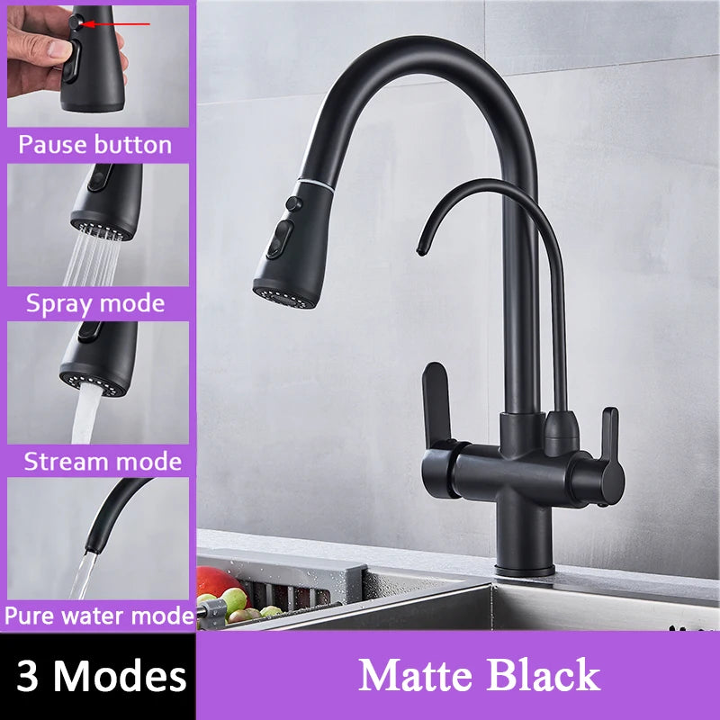 Shinesia Touch Sensor Filter Kitchen Faucet Gourmet Pull Out Pure Water Tap Dual Handle Black Kitchen Sink Mixer