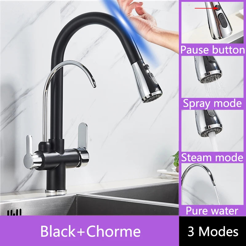 Shinesia Touch Sensor Filter Kitchen Faucet Gourmet Pull Out Pure Water Tap Dual Handle Black Kitchen Sink Mixer
