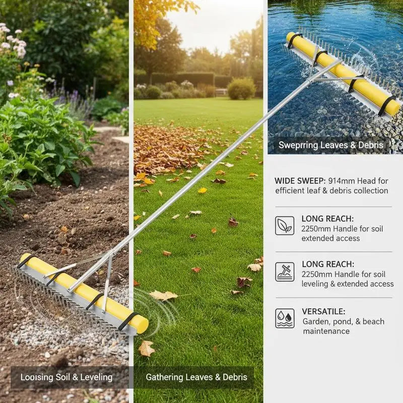 Aluminum Leveling Tool 36" Head 102" Handle For Garden Yard Beach, Heavy Duty Large Rake Loosening Soil Pond Gravel Lawn Care 52ft Rope