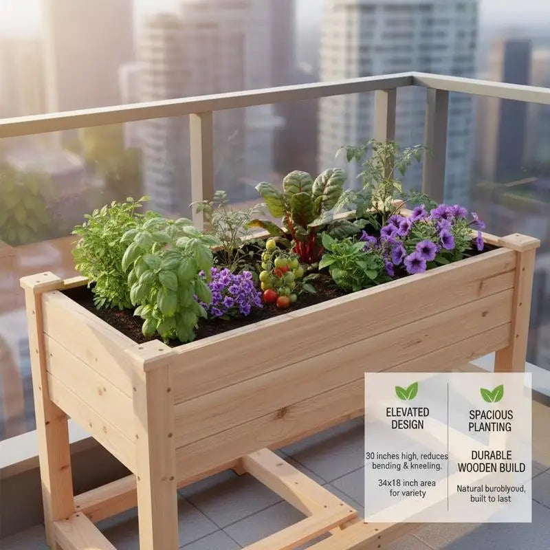Elevated Wooden Planter 34x18x30in For Backyard Garden Patio, Solid Fir Wood Rectangular Vegetable Trough Legged Herb Flower Box Natural Finish