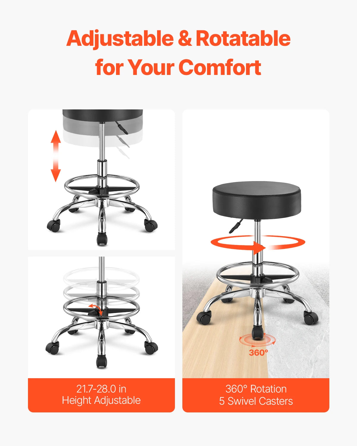 SucceBuy Rolling Stool w/ Wheels 450 LBS Weight Capacity Round Rolling Stool Chair Height Adjustable for Salon Spa Tattoo Clinic