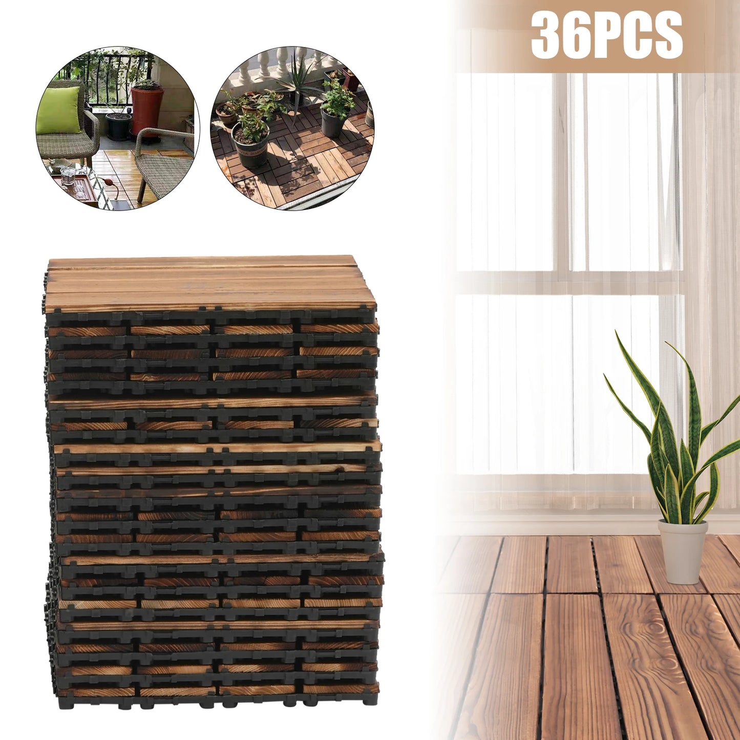 36PCS Patio Deck Tiles 12*12in Wood Floor Tiles DIY Interlocking Flooring Tiles for Indoor Outdoor Balcony Garden Bathroom