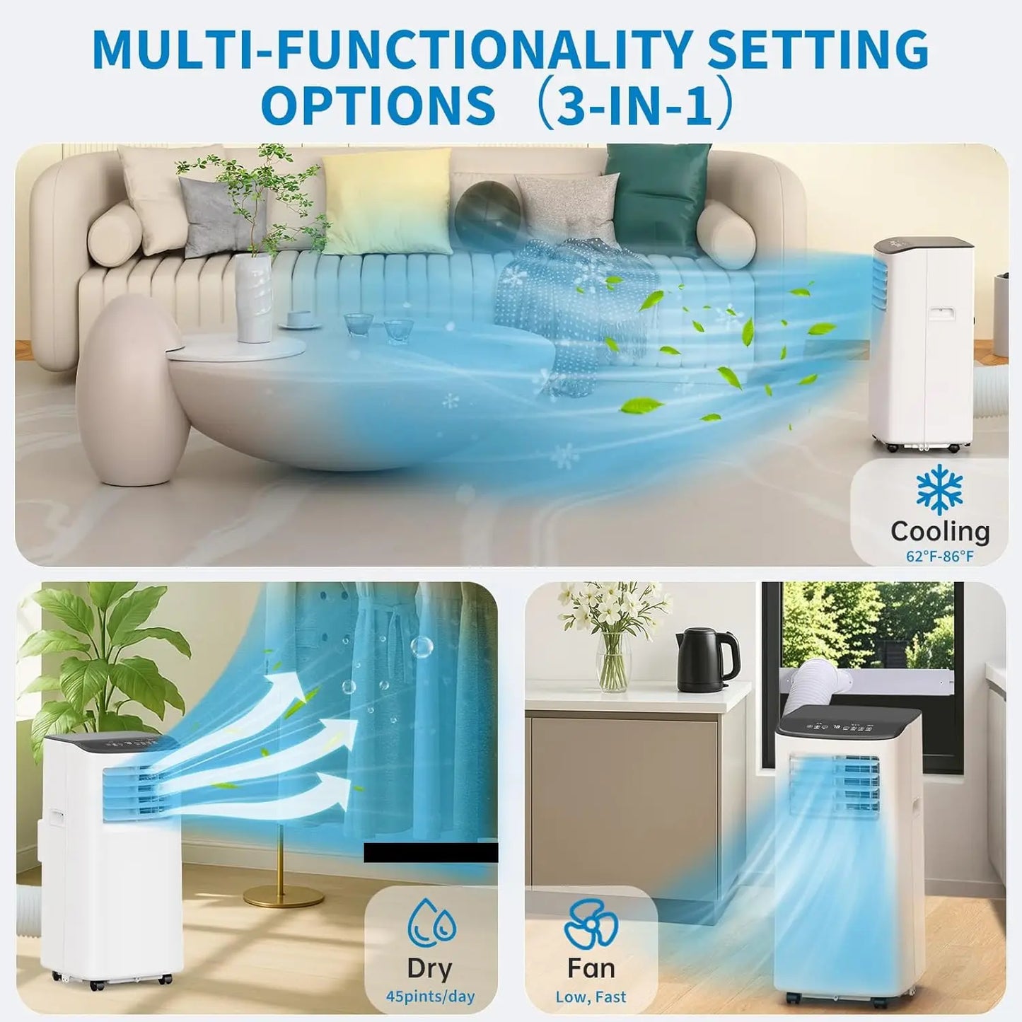Portable Air Conditioner, 8000 BTU for Rooms up to 450 Sq. Ft., Remote & Auto Evaporation, Compact AC for Apartment, US Plug