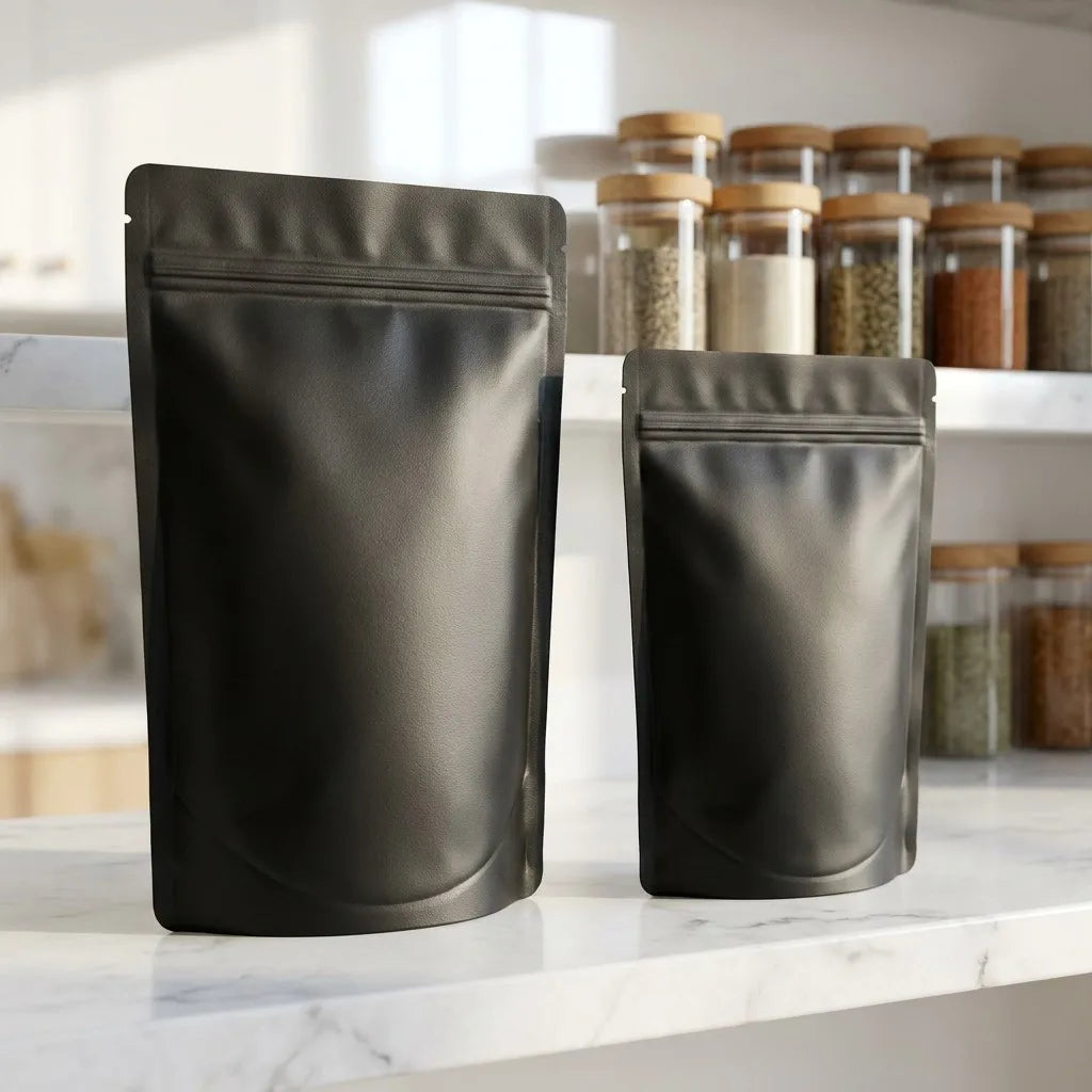 100pcs Premium Matte Black Stand Up Mylar Bags, Aluminum Foil Lined Smell Proof Ziplock Pouches - Best for Coffee & Food Storage