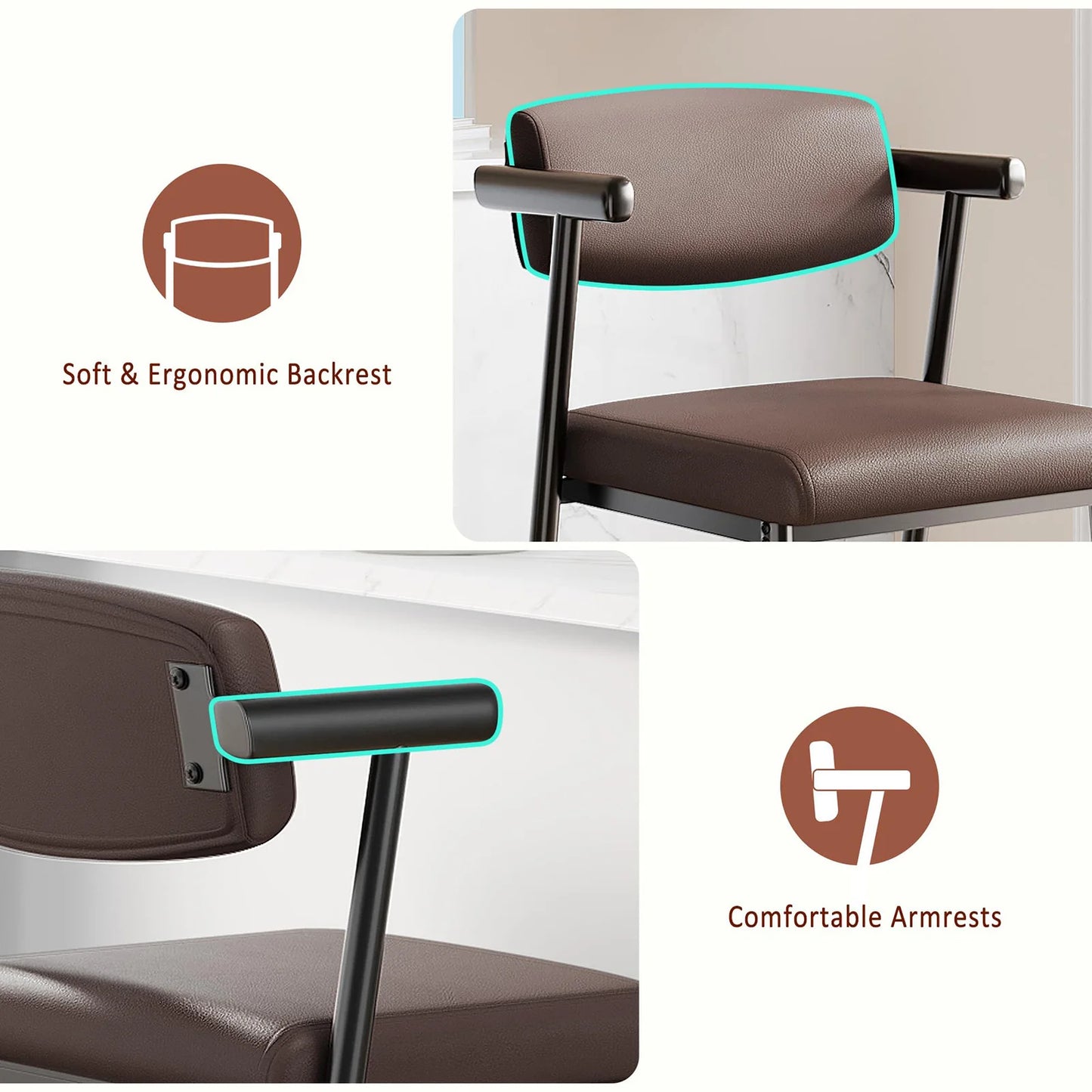 Set Of 4 Counter Height Bar Stools With Arms, Upholstered Back & Wide Seat, Metal Kitchen Island Bar Chairs With Footrest
