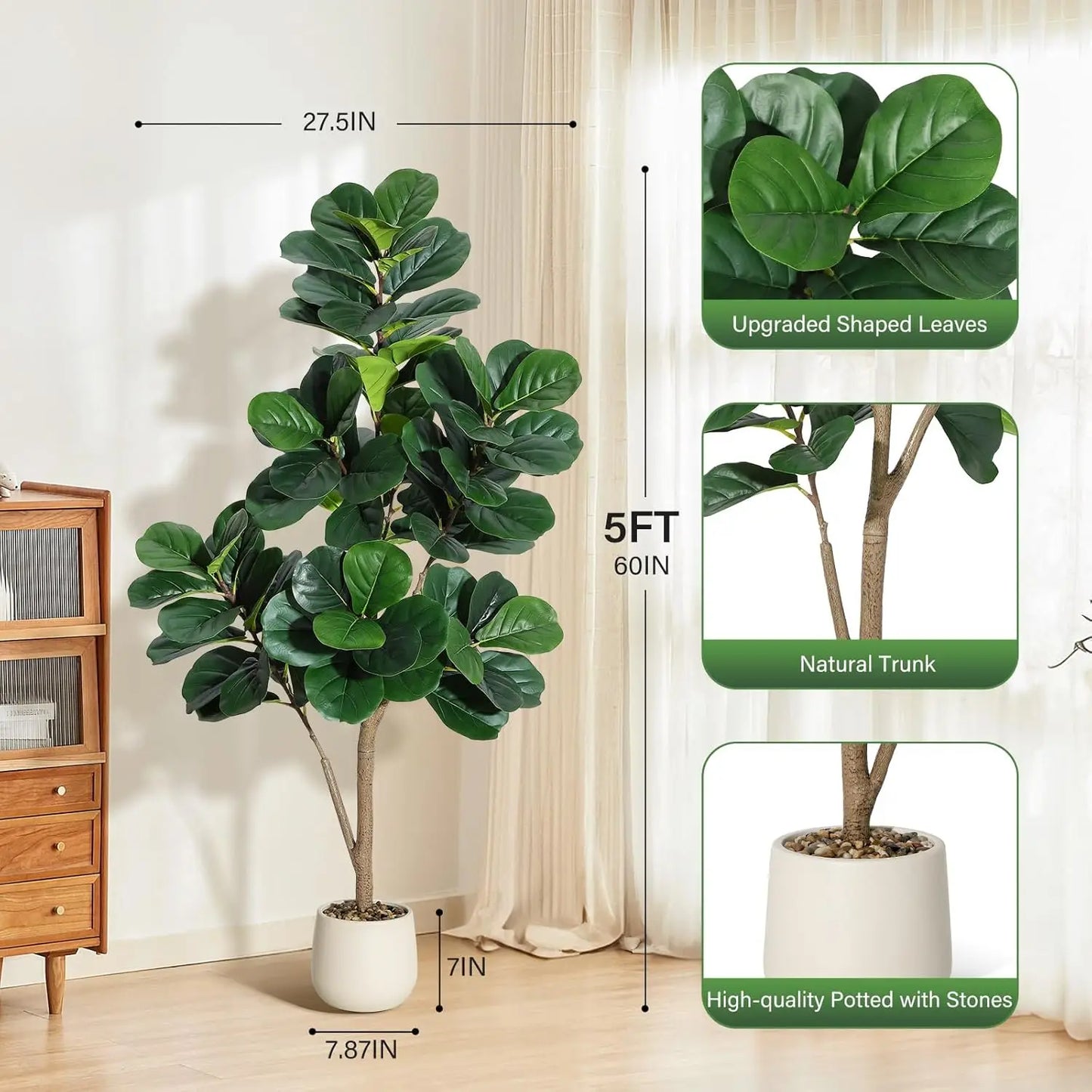 4-7 FT Fiddle Leaf Fig Tree Artificial Realistic Faux Ficus Lyrata Trees in White Planter Pot, Fake Floor Plants for Home Garden