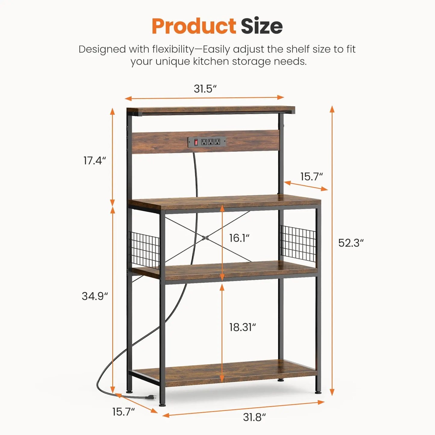 JHK 31.5 Inch Kitchen Bakers Rack with Power Outlet Coffee Bar Table 4 Tiers Microwave Oven Stand Adjustable Storage Shelf
