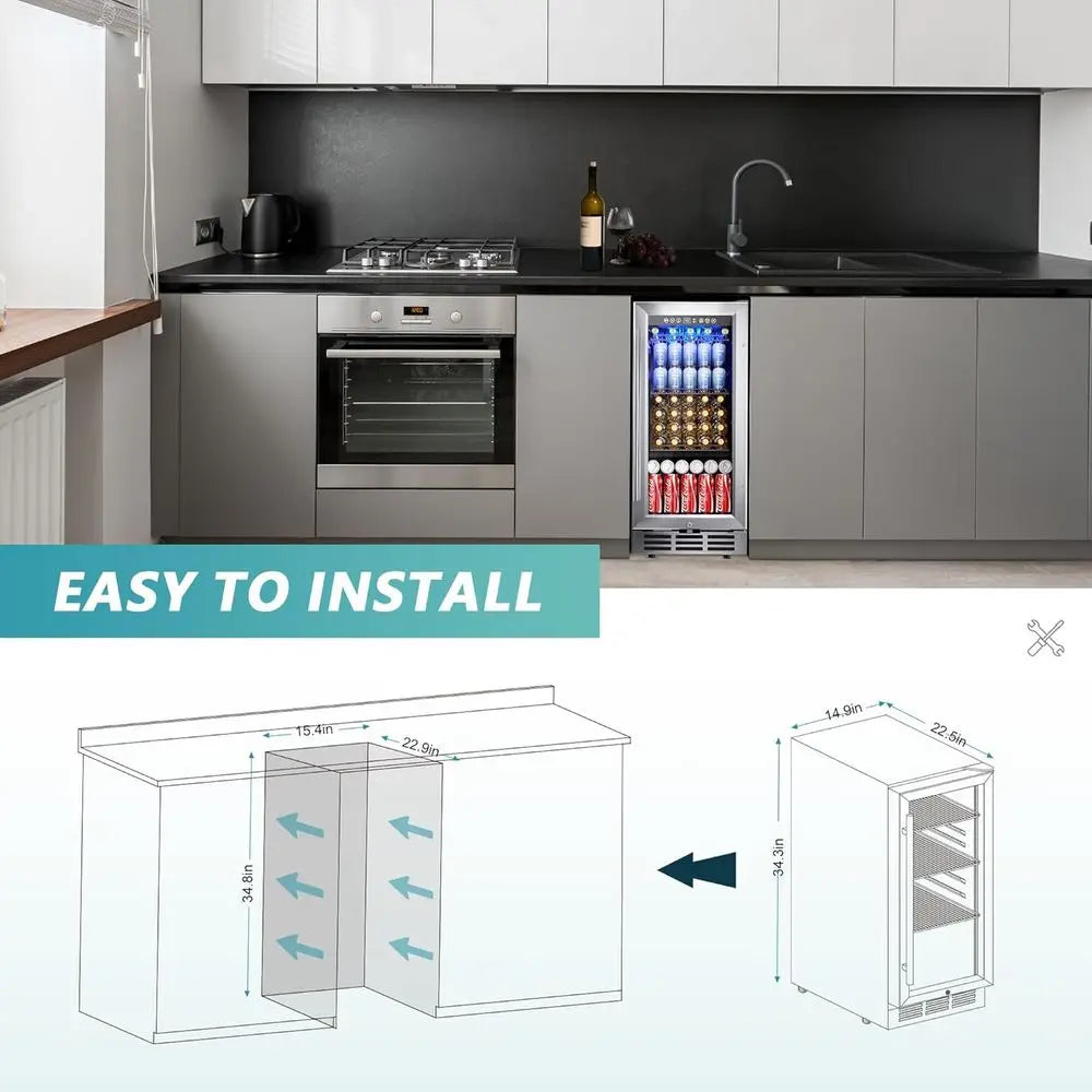 15 Under-Counter Beverage Fridge for 127 Cans, Glass Door, LED Light, Ideal for Home Kitchen Bar