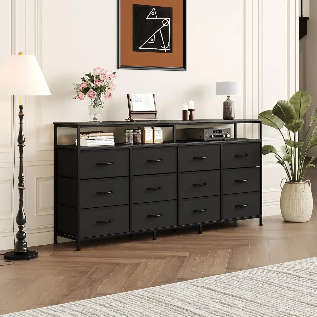 63 Inch Long Dresser For Bedroom With 12 Drawers And 2 Open Cubbies MDF Top And Steel Frame Sturdy Large Chest Of Drawers Also Functions As TV Stand For 65 To 75 Inch TV