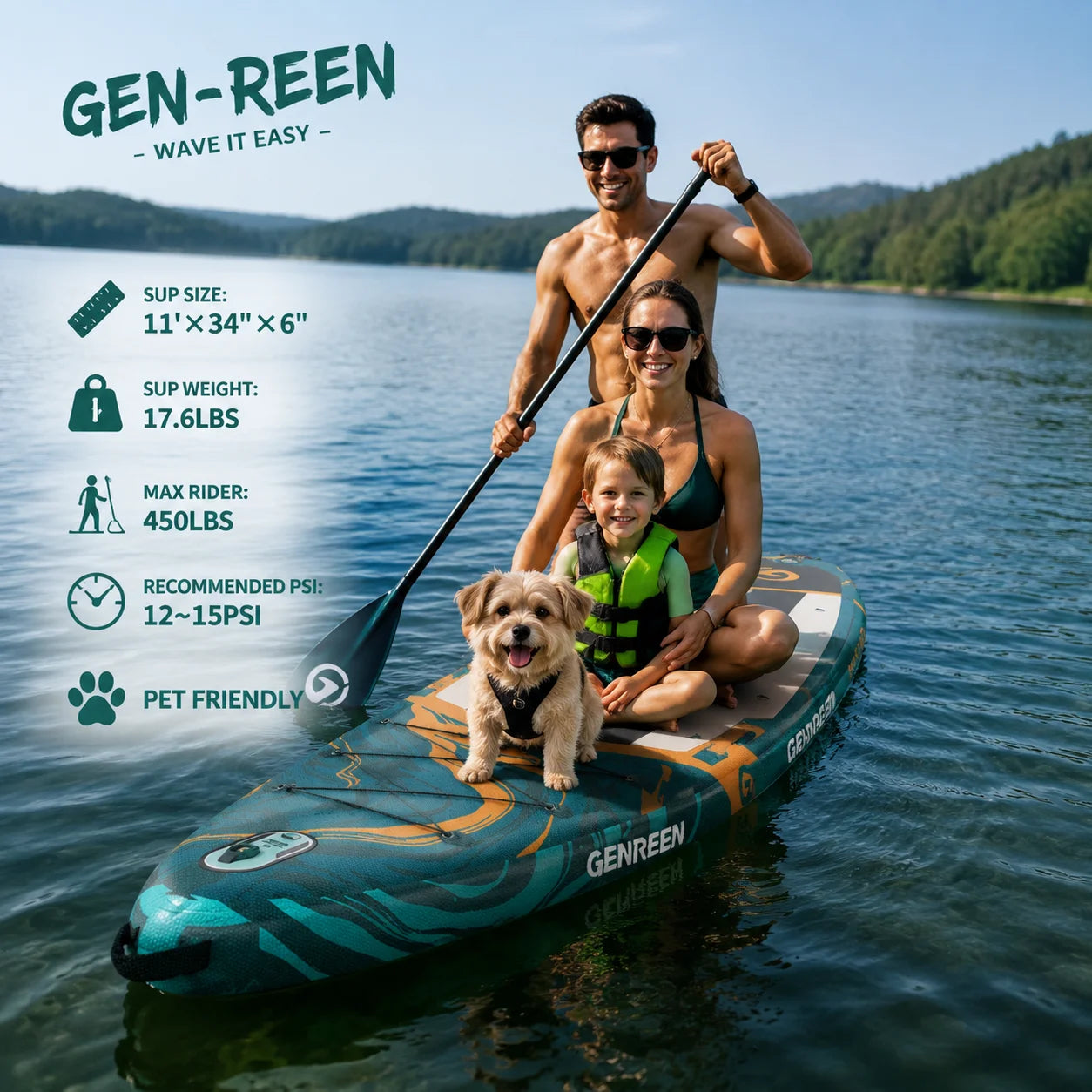 335*86*15cm Inflatable Stand Up Paddleboard SUP 5 Handles 3 Finns Ultra Stable Wide Loading 250 kg 3 to 4 Persons