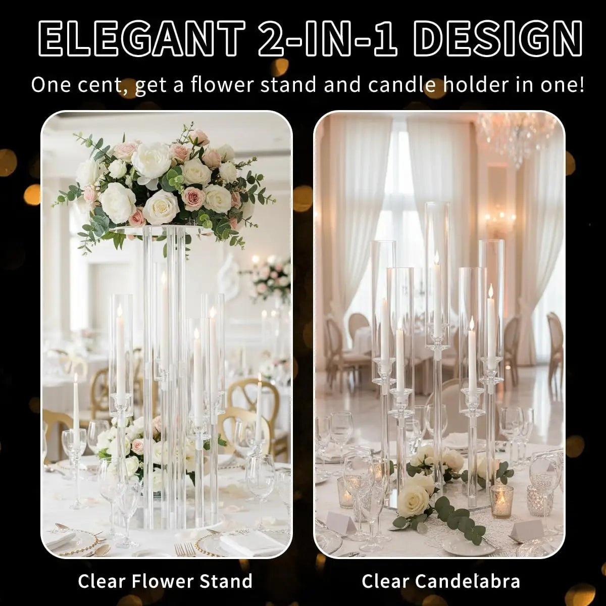 2PCS Acrylic Candelabra 5 Arm Clear Centerpiece for Wedding Table | Crystal Candle Holder with Lampshade for Birthday Christmas Party Home Decor