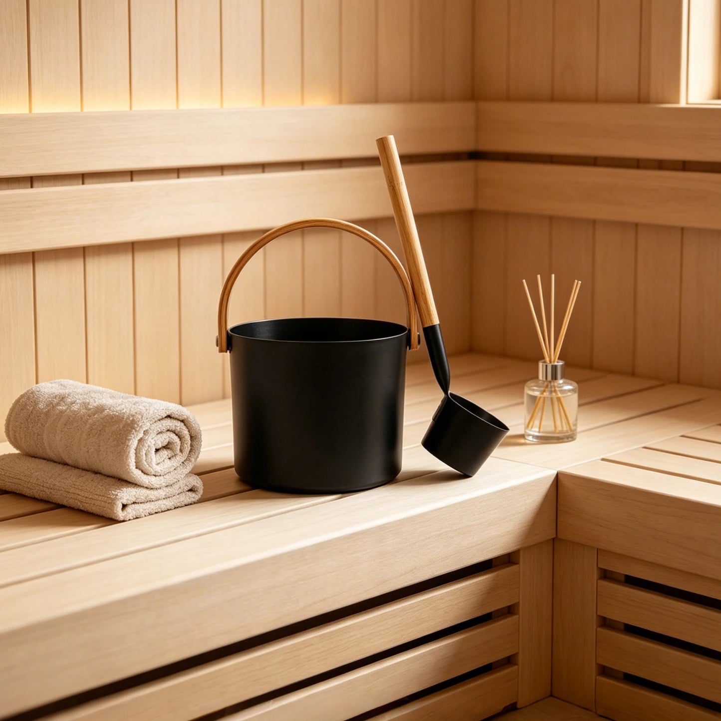 Black Sauna Bucket and Ladle Set, Large Aluminum Sauna Bucket With Long Handle Spoon, Sauna Accessories Set