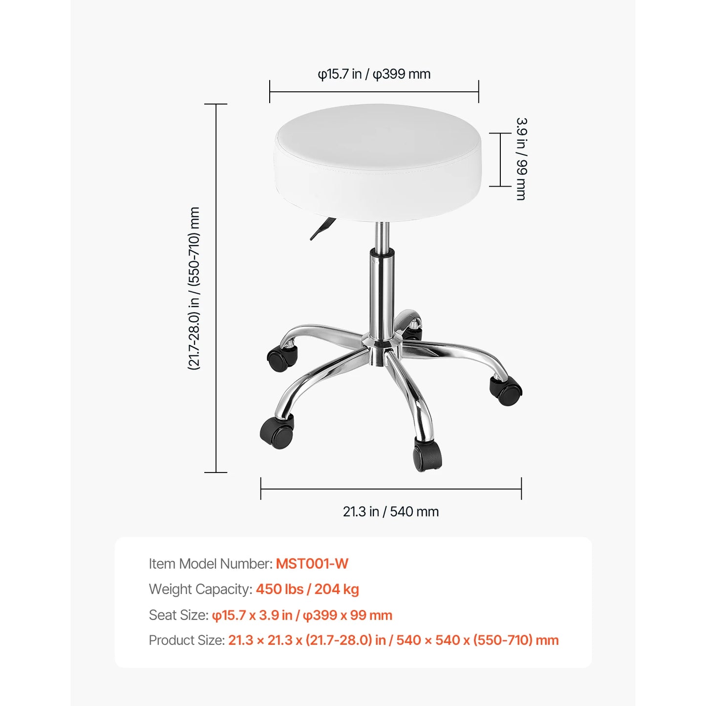 SucceBuy Rolling Stool w/ Wheels 450 LBS Weight Capacity Round Rolling Stool Chair Height Adjustable for Salon Spa Tattoo Clinic