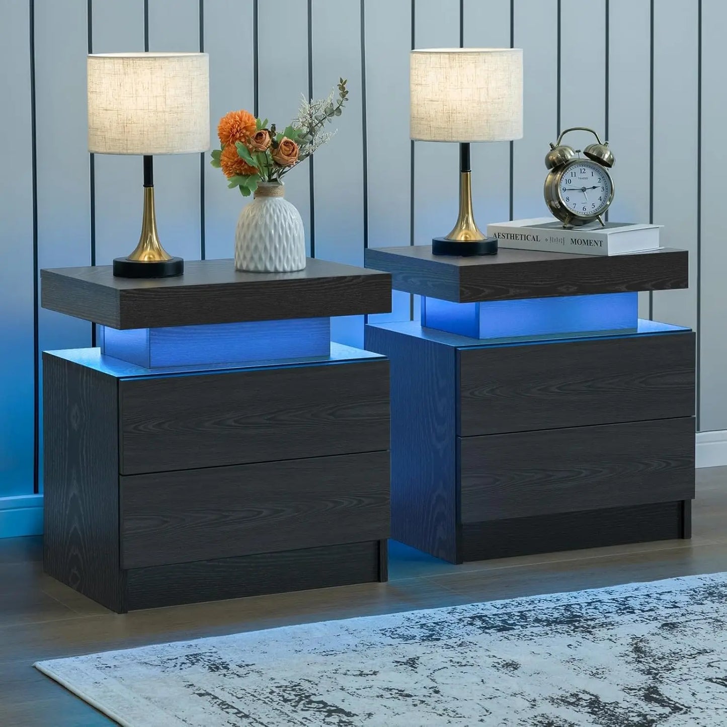 Cubehom Nightstand Set of 2 LED Nightstand with 2 Drawers,Night Stand  with LED Light,Bedside Table with Drawers for Bedroom
