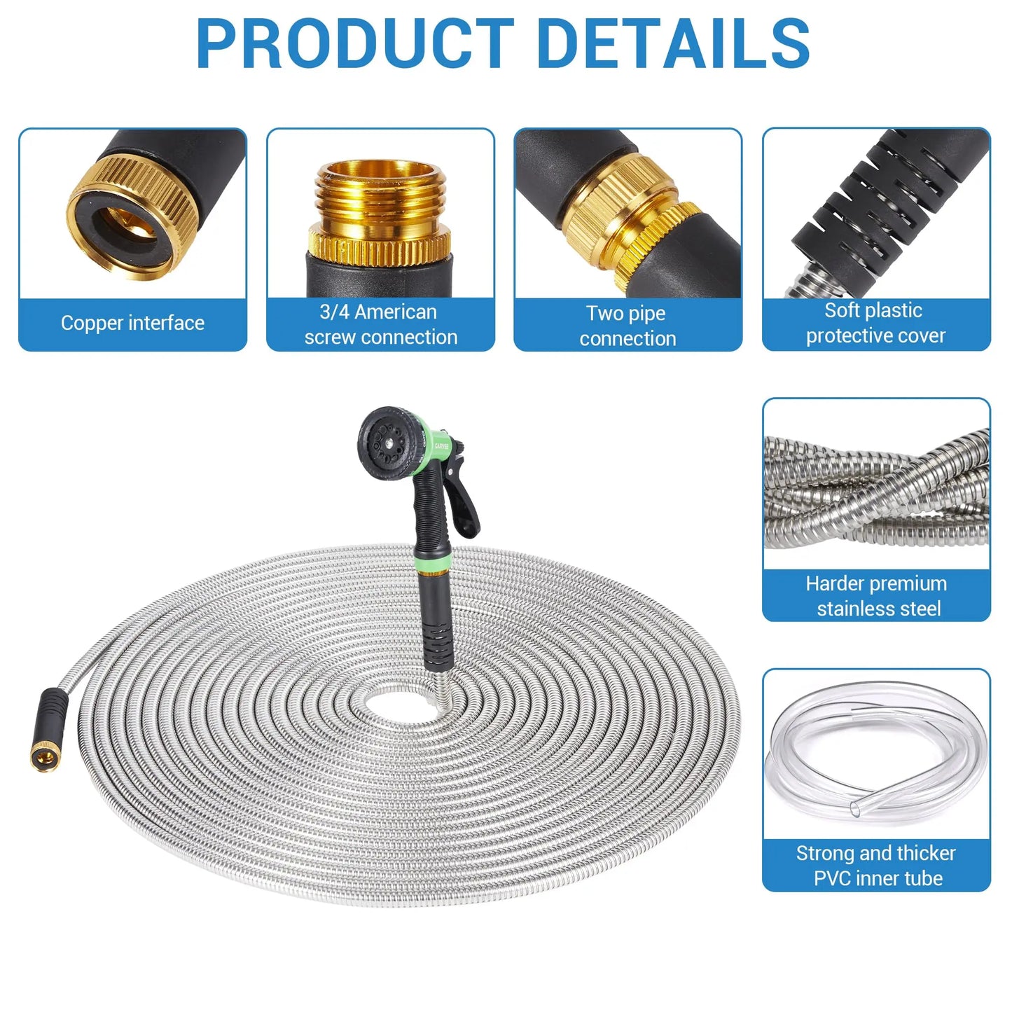 50/100/150FT Stainless Steel Garden Hose With 10-Function Spray Nozzle Kink-Free Metal Water Hose Brass Connectors