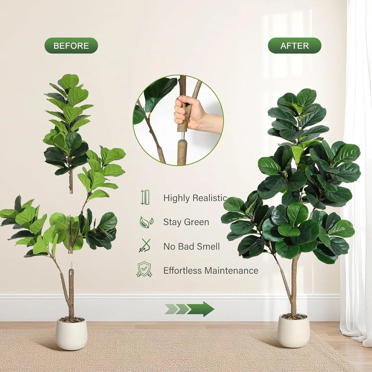 4-7 FT Fiddle Leaf Fig Tree Artificial Realistic Faux Ficus Lyrata Trees in White Planter Pot, Fake Floor Plants for Home Garden