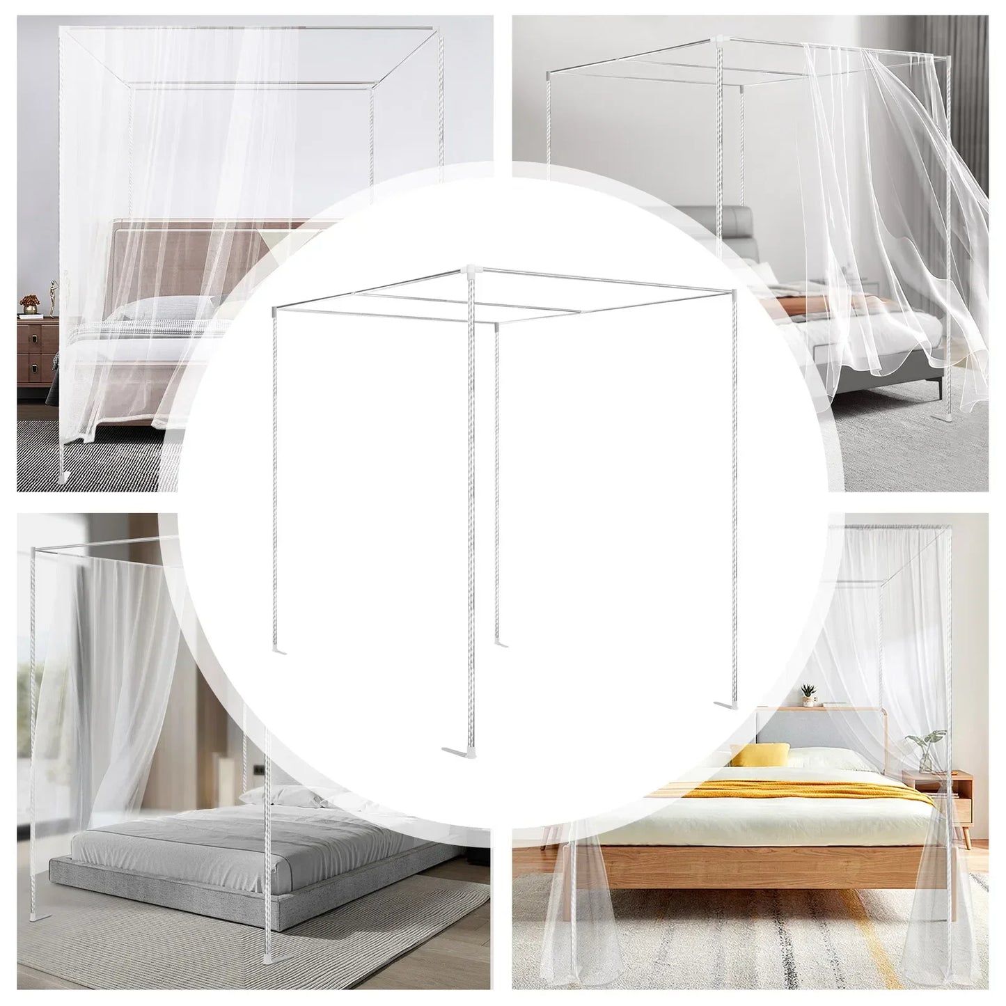 Four-Corner Bed Canopy Frame Posts, Metal Four-Corner Mosquito Net Stand for Single/Double/California King/King Beds