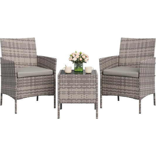 3-Piece Patio Furniture Set, PE Rattan Wicker Chairs With Cushions & Glass Table For Balcony Porch Poolside Garden Backyard