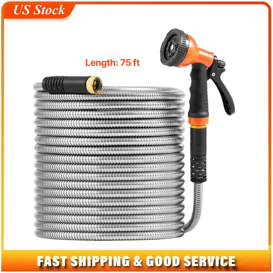 Metal Garden Hose 75 ft, Rust Proof Stainless Steel Water Hose, Heavy Duty Backyard Hose with 10 Function Nozzle, No-Kink & Flexible Water Pipe, Lightweight Metal Hose for Yard, Outdoor