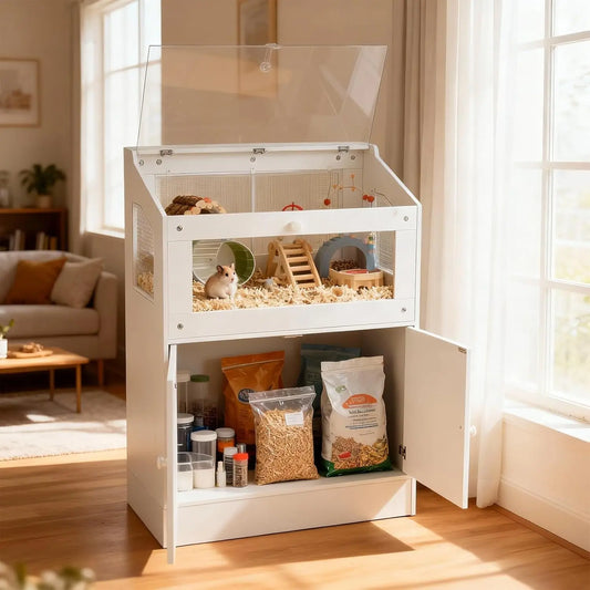 Large Acrylic Small Animal Cage With Storage Cabinet Pet Habitat For Hamster Guinea Pig Rat Hedgehog Easy Clean & Ventilated