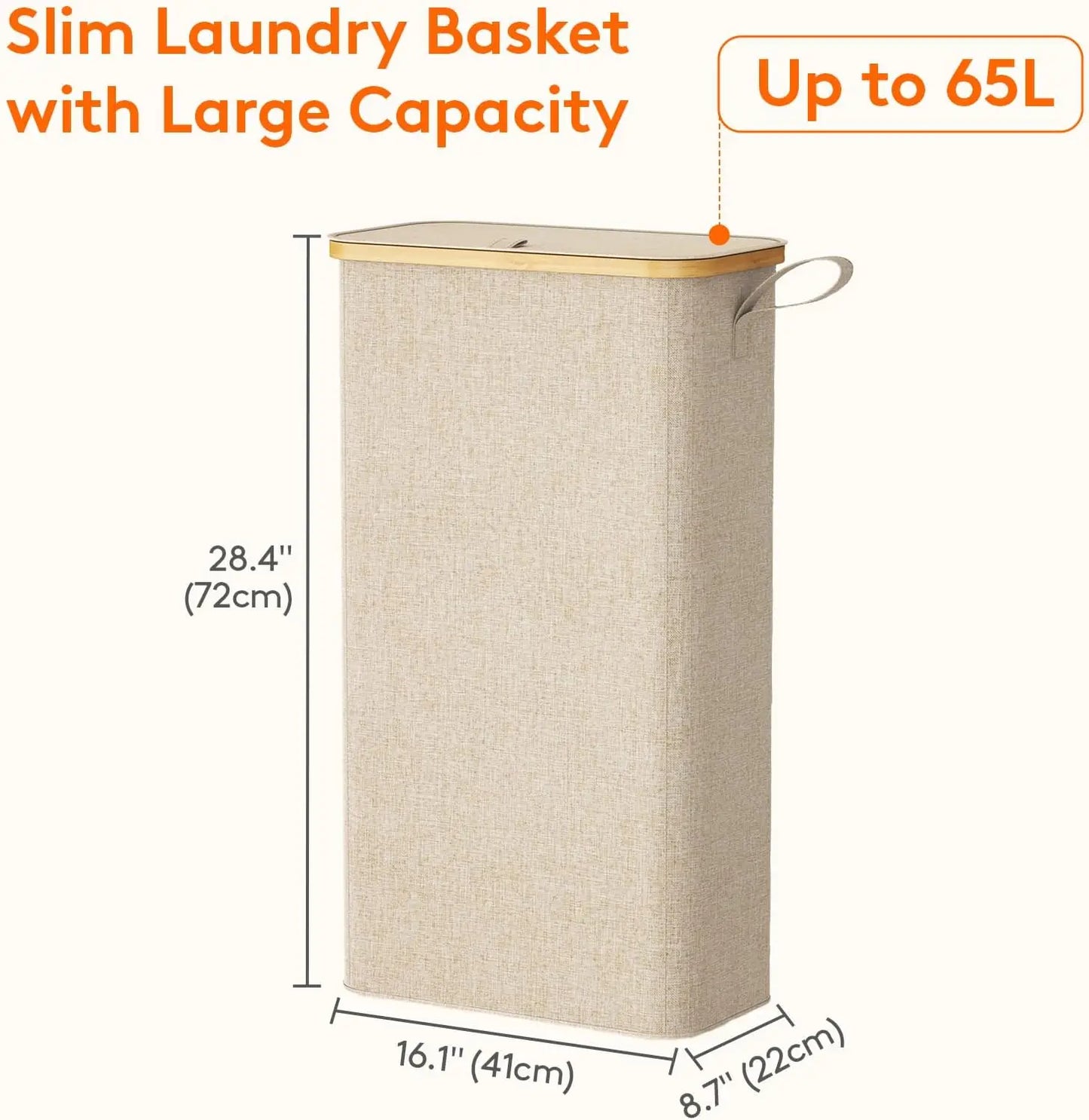 65L Slim Laundry Hamper with Lid, Narrow Laundry Basket with Removable Bag & Bamboo Handles, Fodable