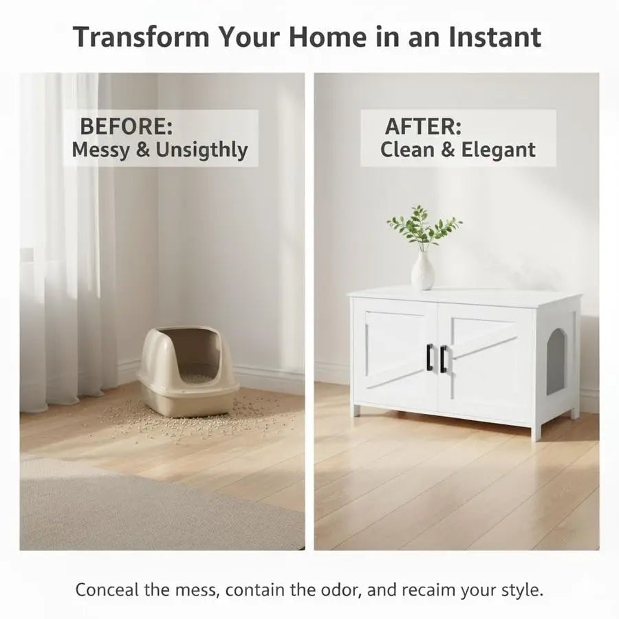 Cat Litter Box Enclosure, Wooden Cat Washroom Furniture with Barn Door, Pet House, Fit Most of Litter Box, White