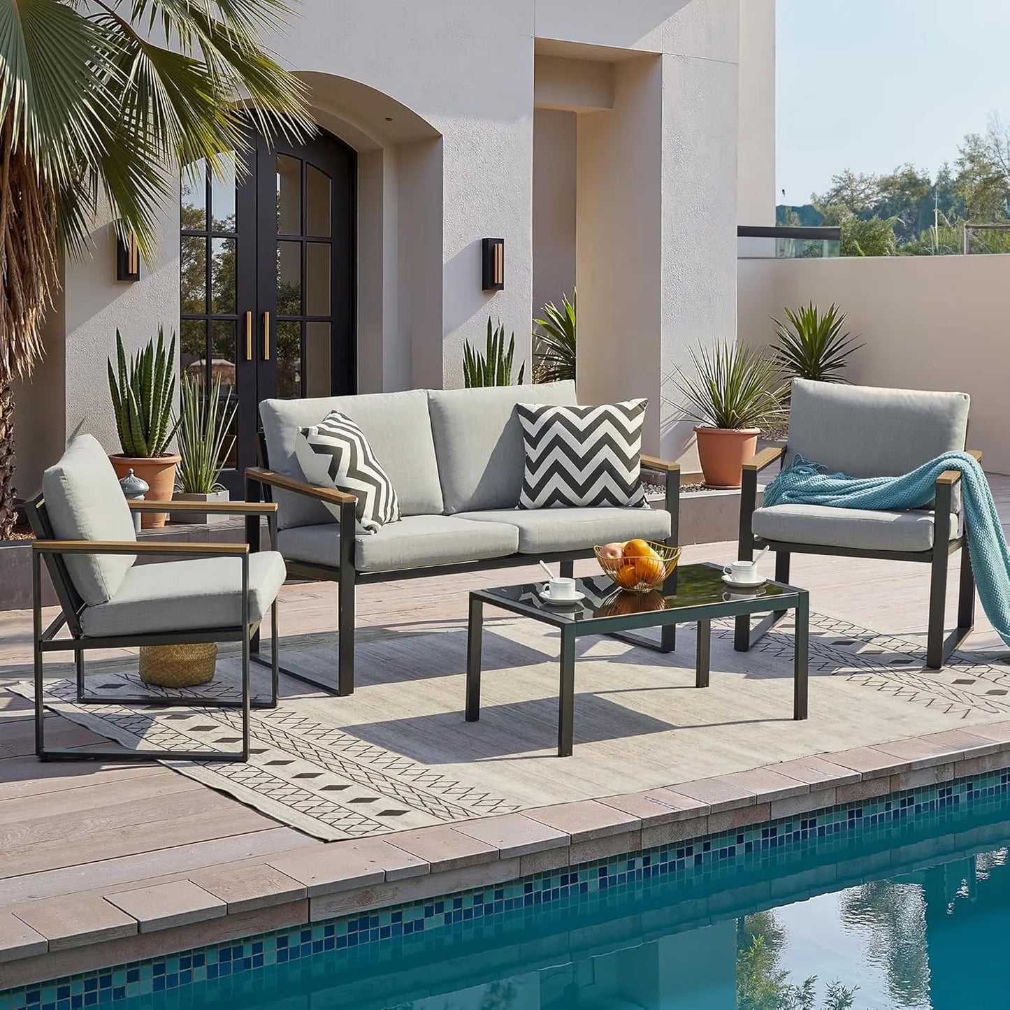 4 Pieces Metal Outdoor Patio Furniture Sets Wooden Customized Sectional Conversation Set for Garden Yard
