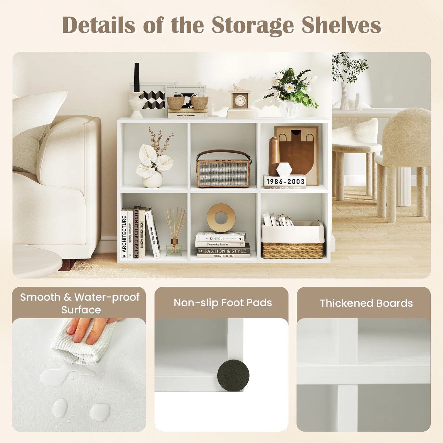 6-Cube Bookcase Modern 3-Tier Storage Organizer Horizontal Vertical Bookshelf