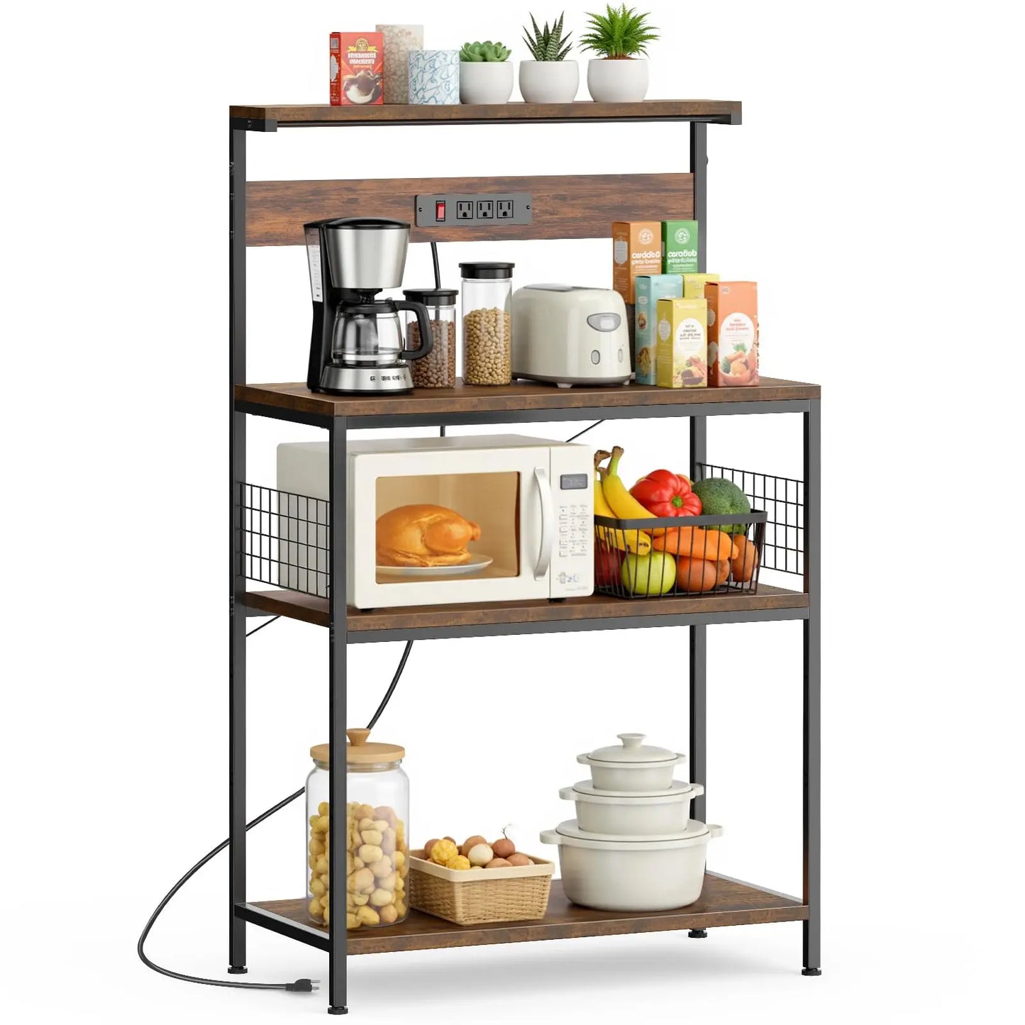 JHK 31.5 Inch Kitchen Bakers Rack with Power Outlet Coffee Bar Table 4 Tiers Microwave Oven Stand Adjustable Storage Shelf